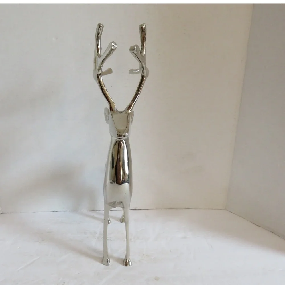 Modern Silver Polished Metal Reindeer Figurine 14 Inch Holiday Decor Stag Buck